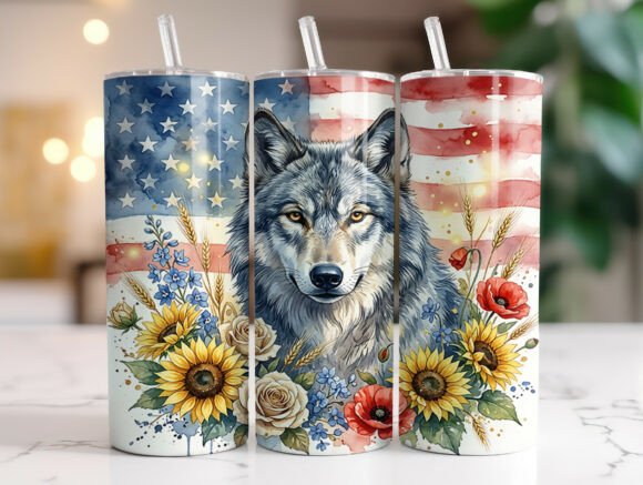 American Flag Wolf Floral Tumbler Wrap