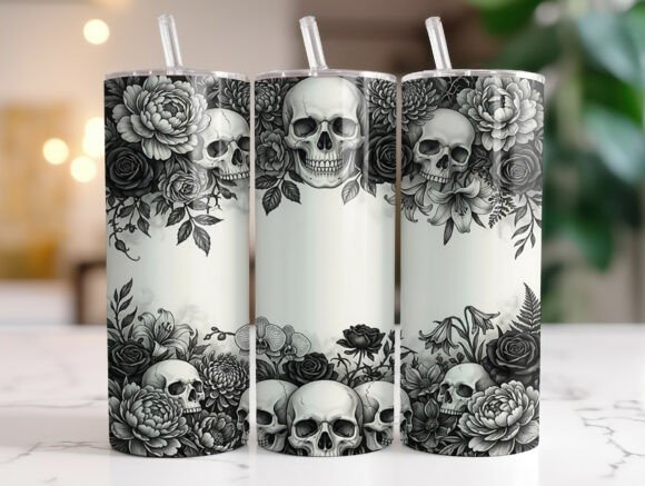 Black White Skull Floral Tumbler Wrap
