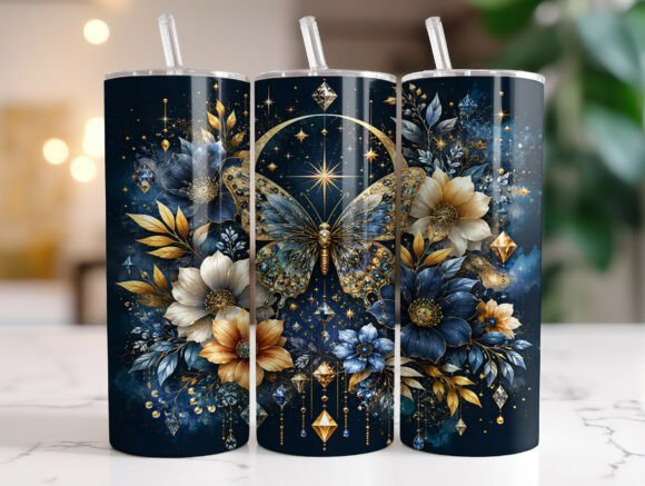 Blue Gold Butterfly Flower Tumbler Wrap