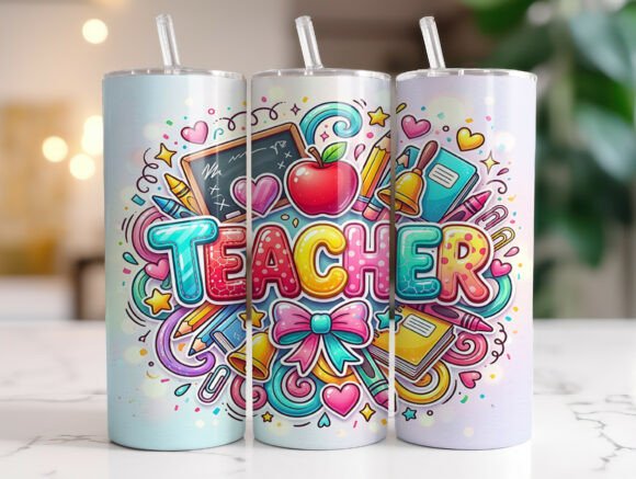Colorful Teacher Doodle Tumbler Wrap PNG