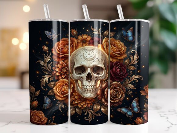Gothic Rose Skull Butterfly Tumbler PNG