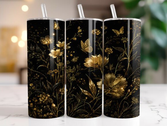 Luxury Gold Floral Butterfly Tumbler PNG