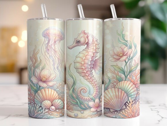 Pastel Seahorse Coastal Tumbler Wrap PNG