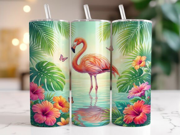 Pink Flamingo Tropical Leaves Tumbler