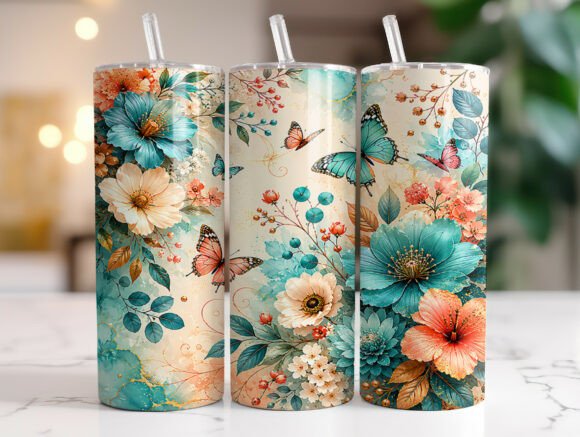 Teal Floral Butterfly 20oz Tumbler Wrap