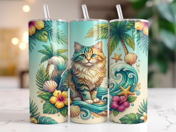 Tropical Beach Cat 20oz Tumbler Wrap PNG