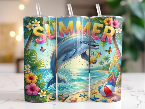 Tropical Dolphin Beach Summer Tumbler