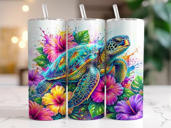 Tropical Sea Turtle Floral Tumbler Wrap